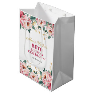Elegant Red Pink Peony Flower Gold Leaf Birthday Medium Gift Bag