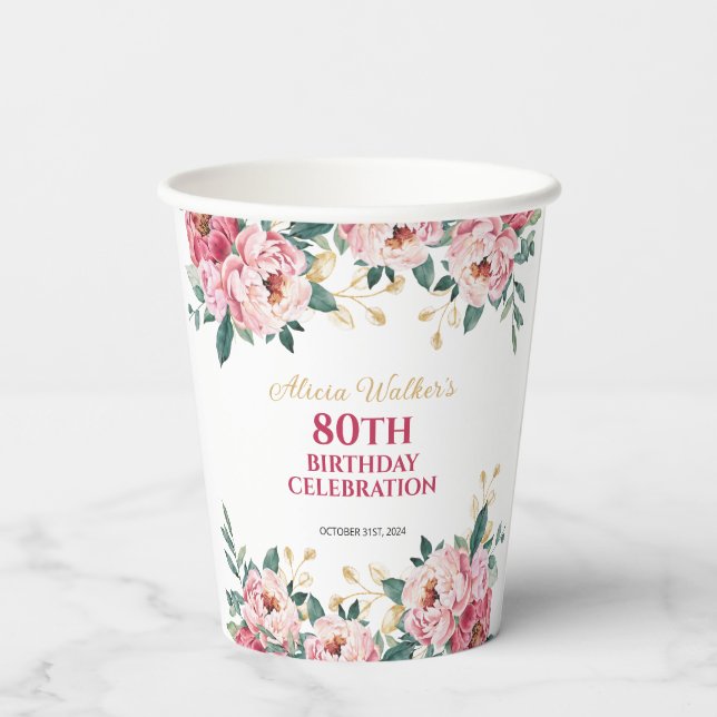 Elegant Red Pink Peony Flower Gold Leaf Birthday  Paper Cups (Back)