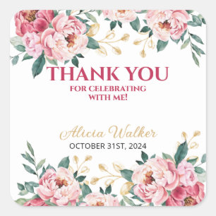 Elegant Red Pink Peony Flower Gold Leaf Birthday  Square Sticker