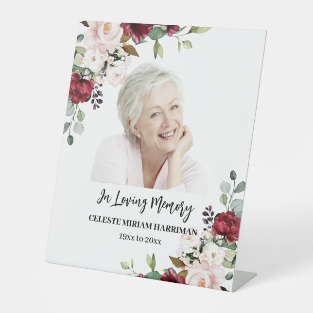Elegant Red Pink Rose Floral Funeral Photo Pedestal Sign (Front)
