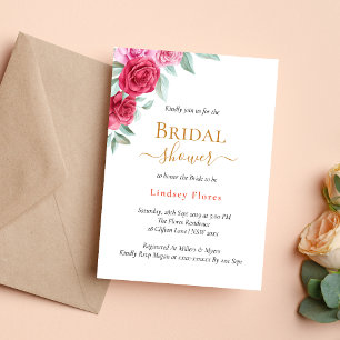 Elegant Red Pink Rose Floral Gold Bridal Shower Invitation