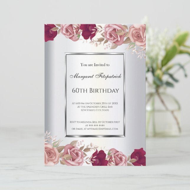 Elegant Red Pink Roses Birthday Invitation (Standing Front)