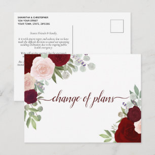 Elegant Red & Pink Roses Change of Wedding Plans Announcement Postcard