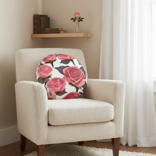 Elegant Red Pink Roses Floral Pattern Watercolor Round Cushion