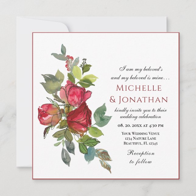 Elegant Red Pink Roses Greenery Christian Wedding Invitation (Front)