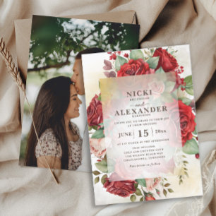 Elegant Red Pink Roses Photo Wedding Invitation