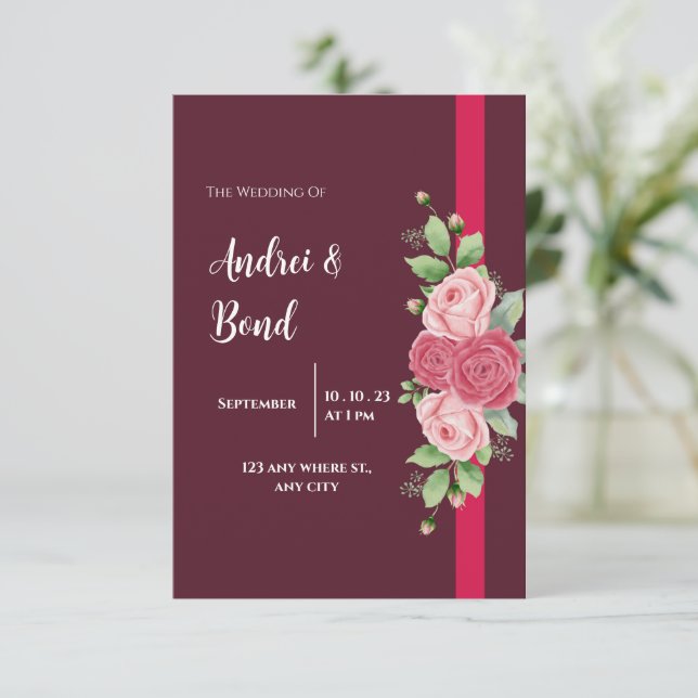 Elegant Red & Pink Roses Wedding Invitation (Standing Front)