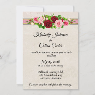 Elegant Red & Pink Roses with Gold Wedding Invitation