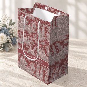 Elegant Red Pink Vintage French Toile de Jouy Medium Gift Bag