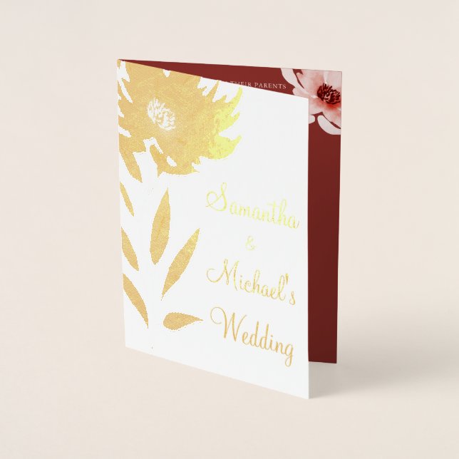 Elegant Red Pink Watercolor Floral Wedding Foil Card (Front)