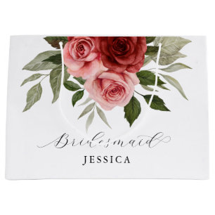 Elegant Red Pink Watercolor Roses White Bridesmaid Large Gift Bag