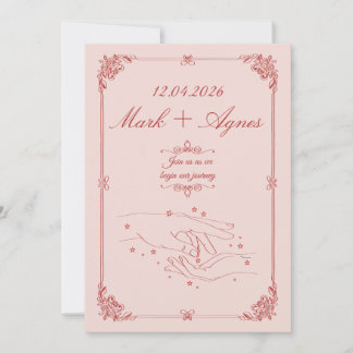 Elegant Red Pink Wedding Hands Line Art Invitation