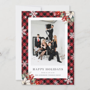 Elegant Red Plaid Botanical Photo Business Holiday Card