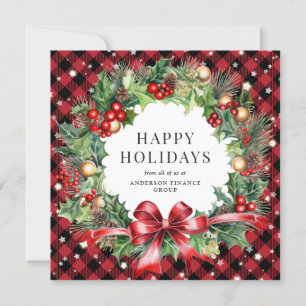 Elegant Red Plaid Christmas Wreath Business Holiday Card
