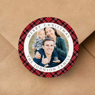 Elegant Red Plaid Photo Christmas Classic Round Sticker