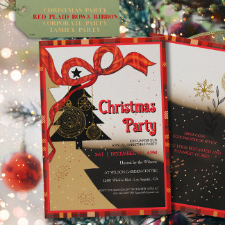 Elegant Red Plaid Ribbon Christmas Party  Invitation