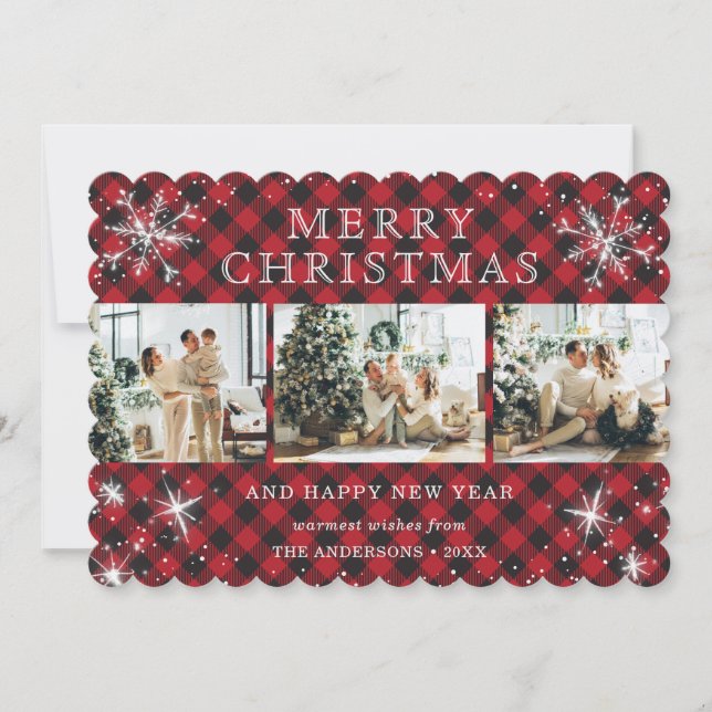 Elegant Red Plaid Sparkly Snowflake Photo Collage Holiday Card (Front)