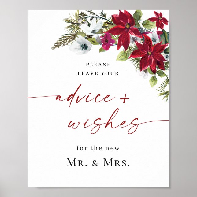 Elegant Red Poinsettia Advice & Wishes Wedding Poster (Front)