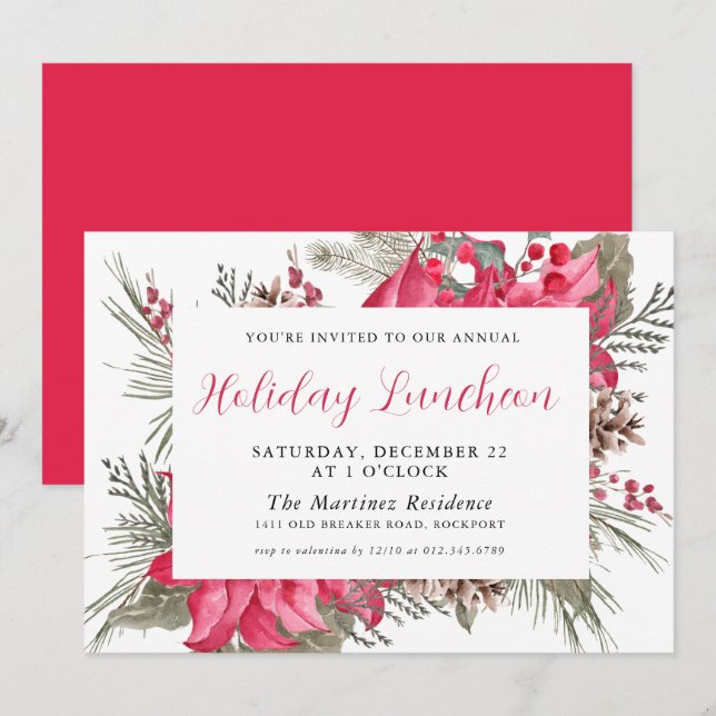 Elegant Red Poinsettia Botanical Holiday Luncheon Invitation (Front/Back)