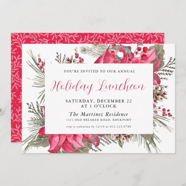 Elegant Red Poinsettia Botanical Holiday Luncheon Invitation (Front/Back)