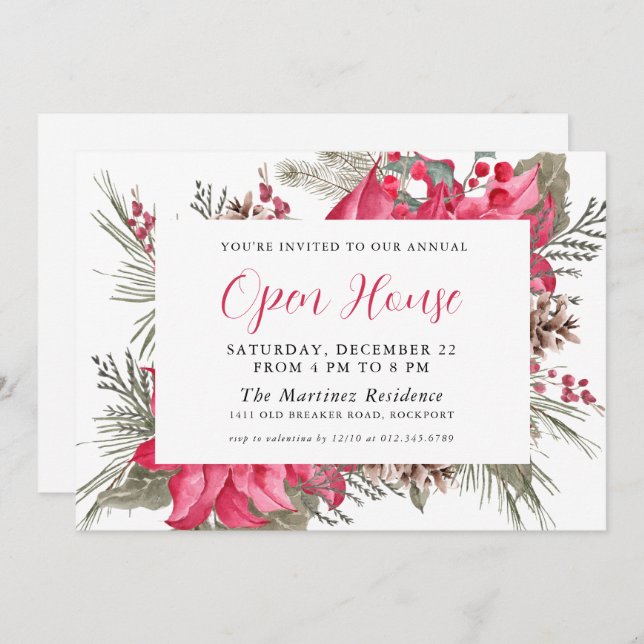 Elegant Red Poinsettia Botanical Open House Invitation (Front/Back)
