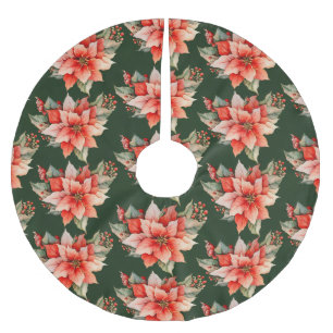 Elegant Red Poinsettia Christmas Brushed Polyester Tree Skirt
