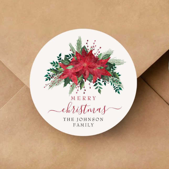 Elegant Red Poinsettia Christmas  Classic Round Sticker (Elegant Red Poinsettia Christmas Classic Round Sticker)