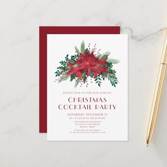 Elegant Red Poinsettia Christmas Cocktail Party Postcard (Front/Back In Situ)