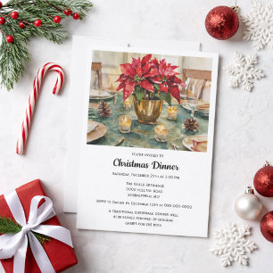 Elegant Red Poinsettia Christmas Dinner  Invitation