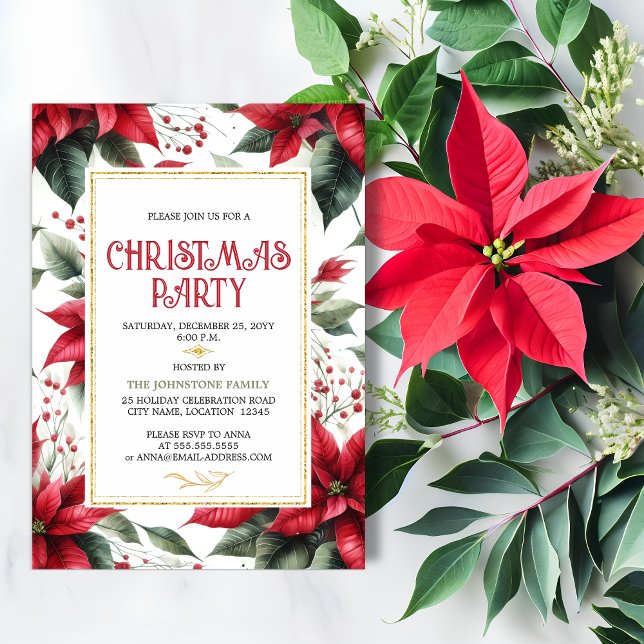 Elegant Red Poinsettia Christmas Holiday Party Invitation (Elegant red poinsettia Christmas holiday party invitation front view.)