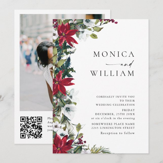 Elegant Red Poinsettia Christmas Photo Wedding Invitation (Front/Back)