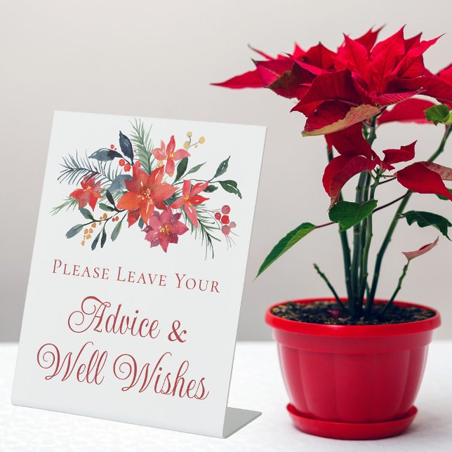 Elegant Red Poinsettia Christmas Wedding Advice Pedestal Sign (Creator Uploaded)
