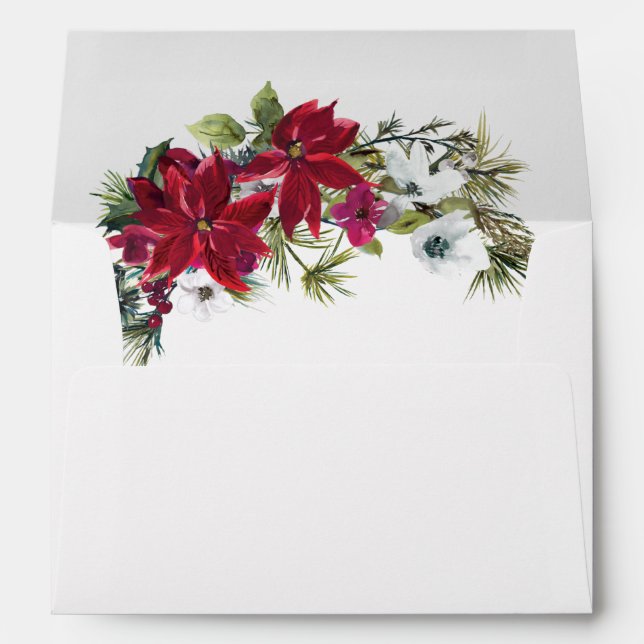 Elegant Red Poinsettia Christmas Wedding Envelope (Back (Bottom))
