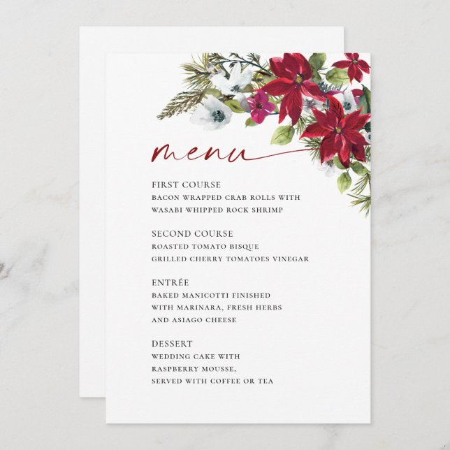 Elegant Red Poinsettia Christmas Wedding Menu (Front/Back)