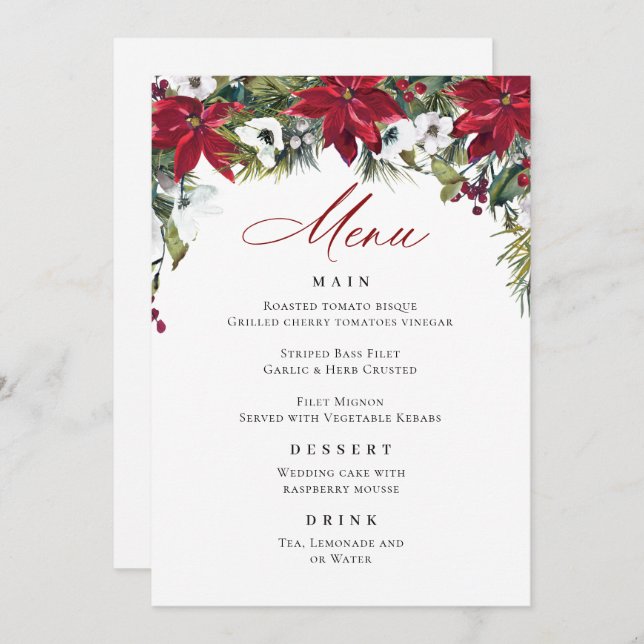 Elegant Red Poinsettia Christmas Wedding Menu Invitation (Front/Back)
