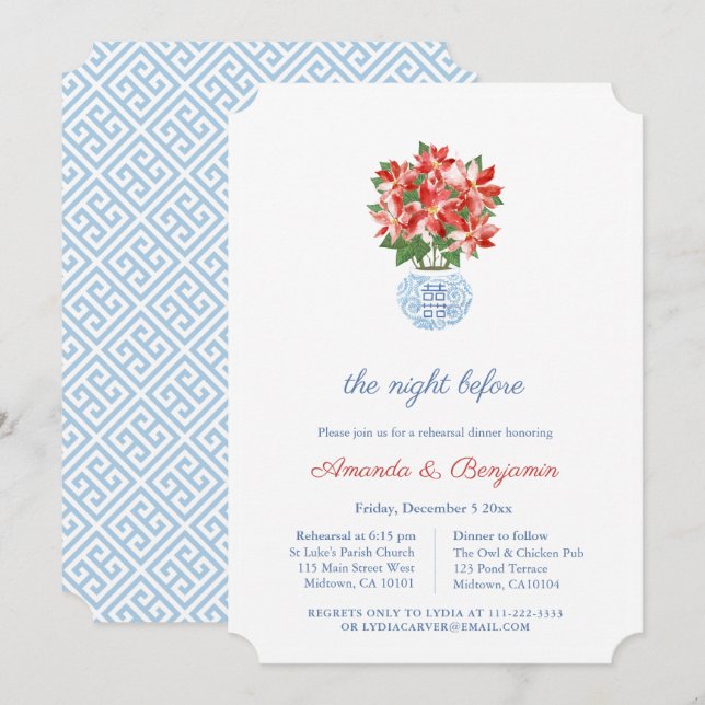 Elegant Red Poinsettia Christmas Wedding Rehearsal Invitation (Front/Back)
