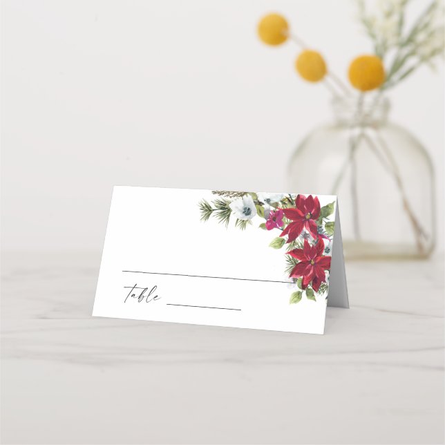 Elegant Red Poinsettia Christmas Wedding Table Place Card (Front)