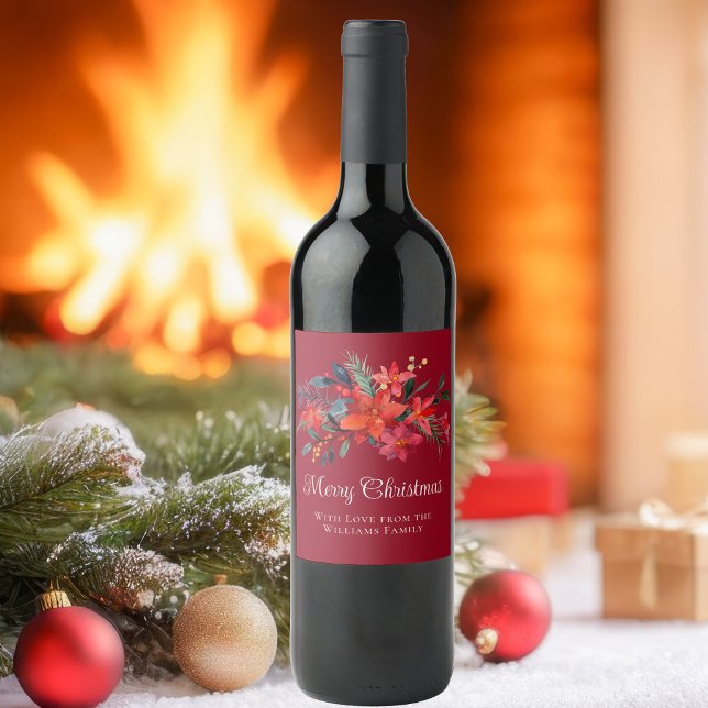 Elegant Red Poinsettia Custom Merry Christmas Wine Label (Creator Uploaded)