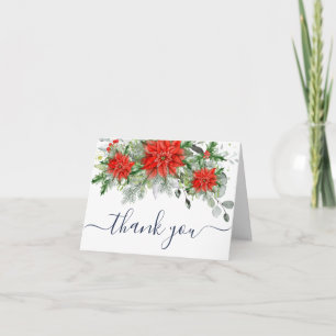 Elegant Red Poinsettia Eucalyptus Pine Watercolor Thank You Card