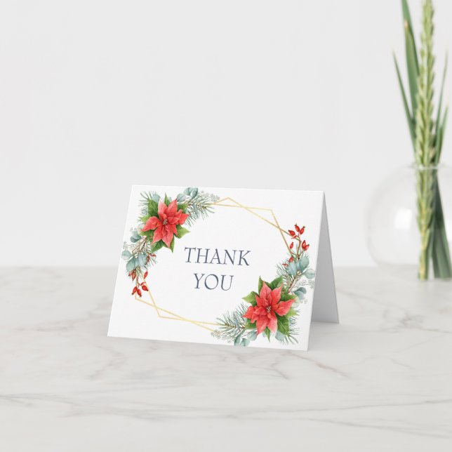Elegant Red Poinsettia Eucalyptus Watercolor Pine Thank You Card (Front)