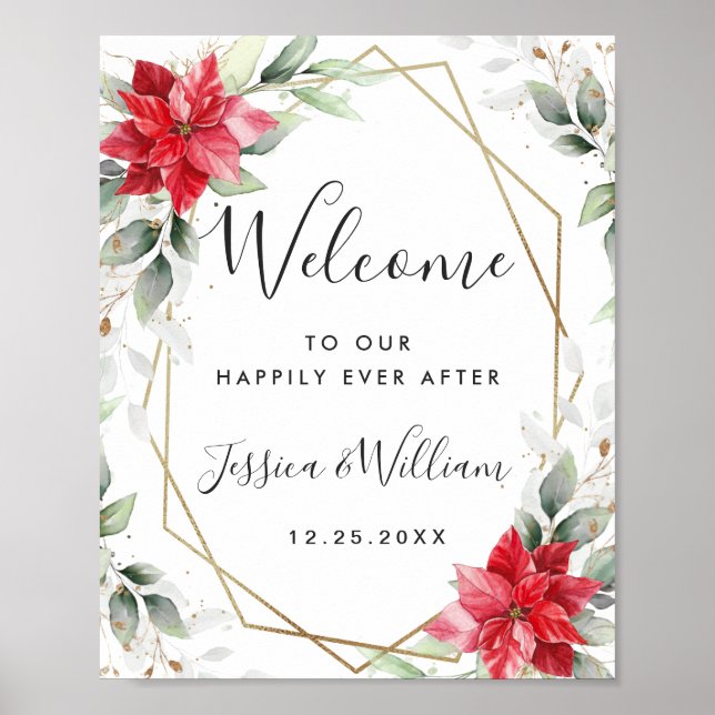 Elegant Red Poinsettia Eucalyptus Wedding Welcome Poster (Front)