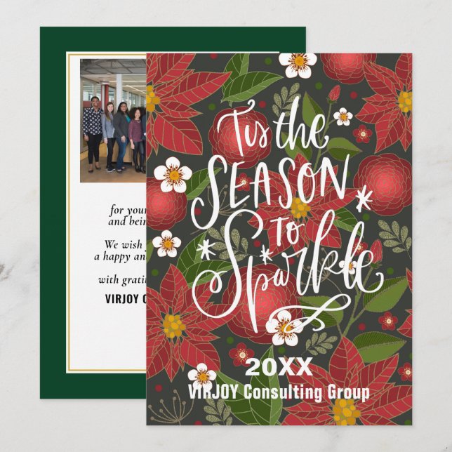 Elegant Red Poinsettia Floral Bough Photo Business Holiday Card (Front/Back)