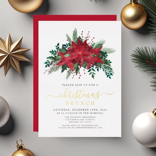 Elegant Red Poinsettia Floral Christmas Brunch (Elegant Red Poinsettia Floral Christmas Brunch Foil Invitation)
