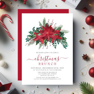 Elegant Red Poinsettia Floral Christmas Brunch Invitation