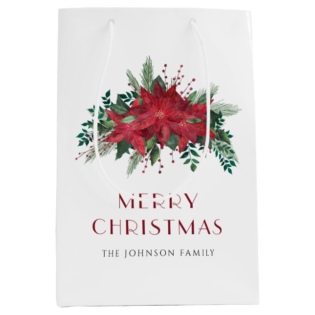 Elegant Red Poinsettia Floral Christmas Medium Gift Bag (Front)
