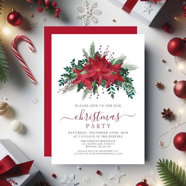Elegant Red Poinsettia Floral Christmas Party Invitation (Elegant Red Poinsettia Floral Christmas Party Invitation)
