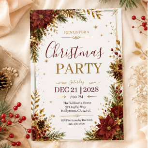 Elegant Red Poinsettia Floral Christmas Party Invitation