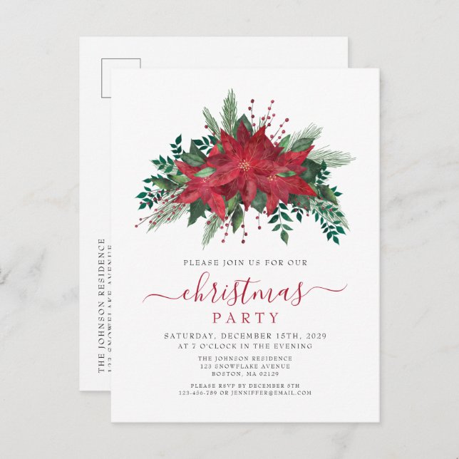 Elegant Red Poinsettia Floral Christmas Party Invitation Postcard (Front/Back)