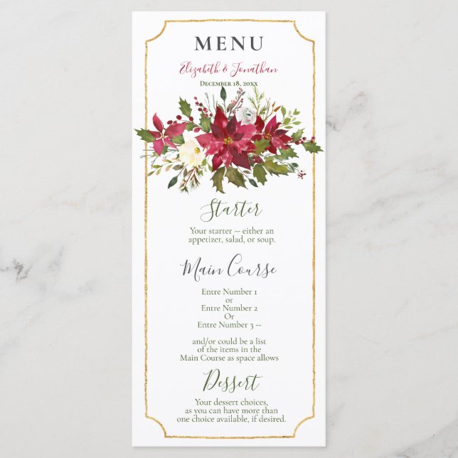 Elegant Red Poinsettia Floral Christmas Reception Menu (Front)