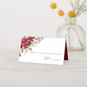 Elegant Red Poinsettia Floral Christmas Reception Place Card